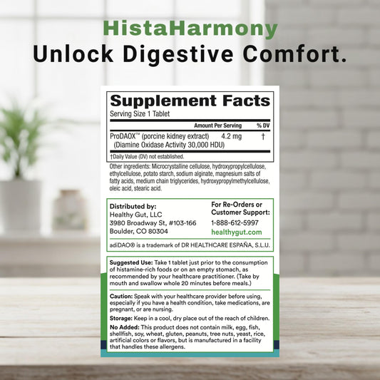 Healthy Gut HistaHarmony tablet close-up highlights 30,000 HDU potency for rapid histamine support.