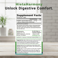 Healthy Gut HistaHarmony tablet close-up highlights 30,000 HDU potency for rapid histamine support.