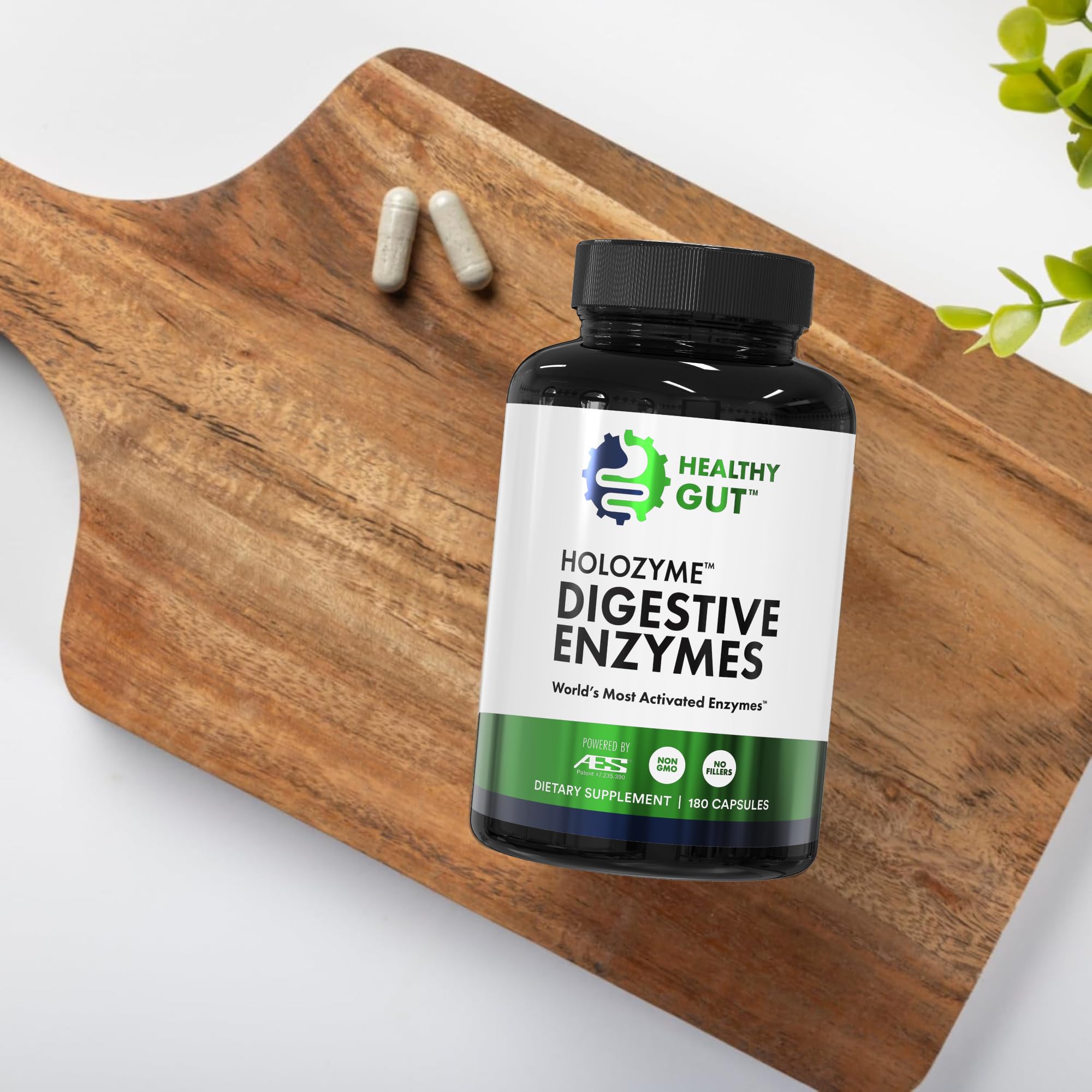 Healthy Gut HoloZyme Max Strength gluten-free label emphasizing allergen-conscious digestion