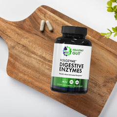 Healthy Gut HoloZyme Max Strength gluten-free label emphasizing allergen-conscious digestion