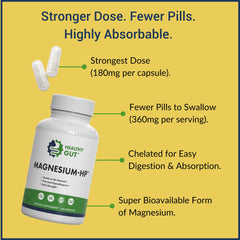 Healthy Gut Magnesium-HP bottle pour demonstrates easy daily dosing.