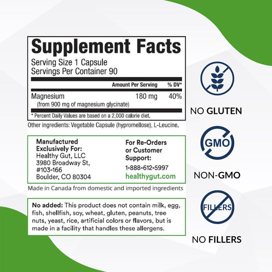 Healthy Gut Magnesium-HP capsules close-up highlighting high-purity glycinate formulation.