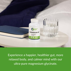Healthy Gut Magnesium-HP serving size graphic shows one-capsule daily serving.