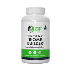 Healthy Gut Tributyrin-X bottle closeup shows odorless, high purity postbiotic formula for gut support