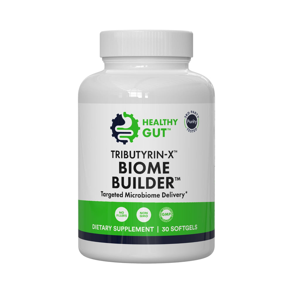 Healthy Gut Tributyrin-X bottle with label signaling premium postbiotic support for gut health