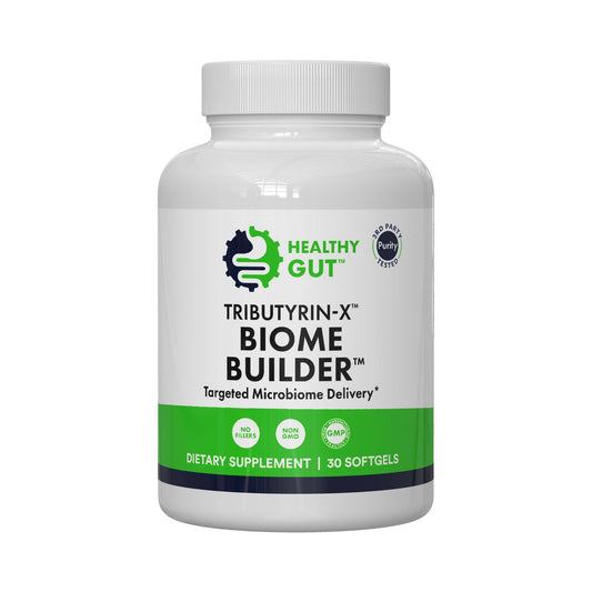 Healthy Gut Tributyrin-X bottle with label signaling premium postbiotic support for gut health