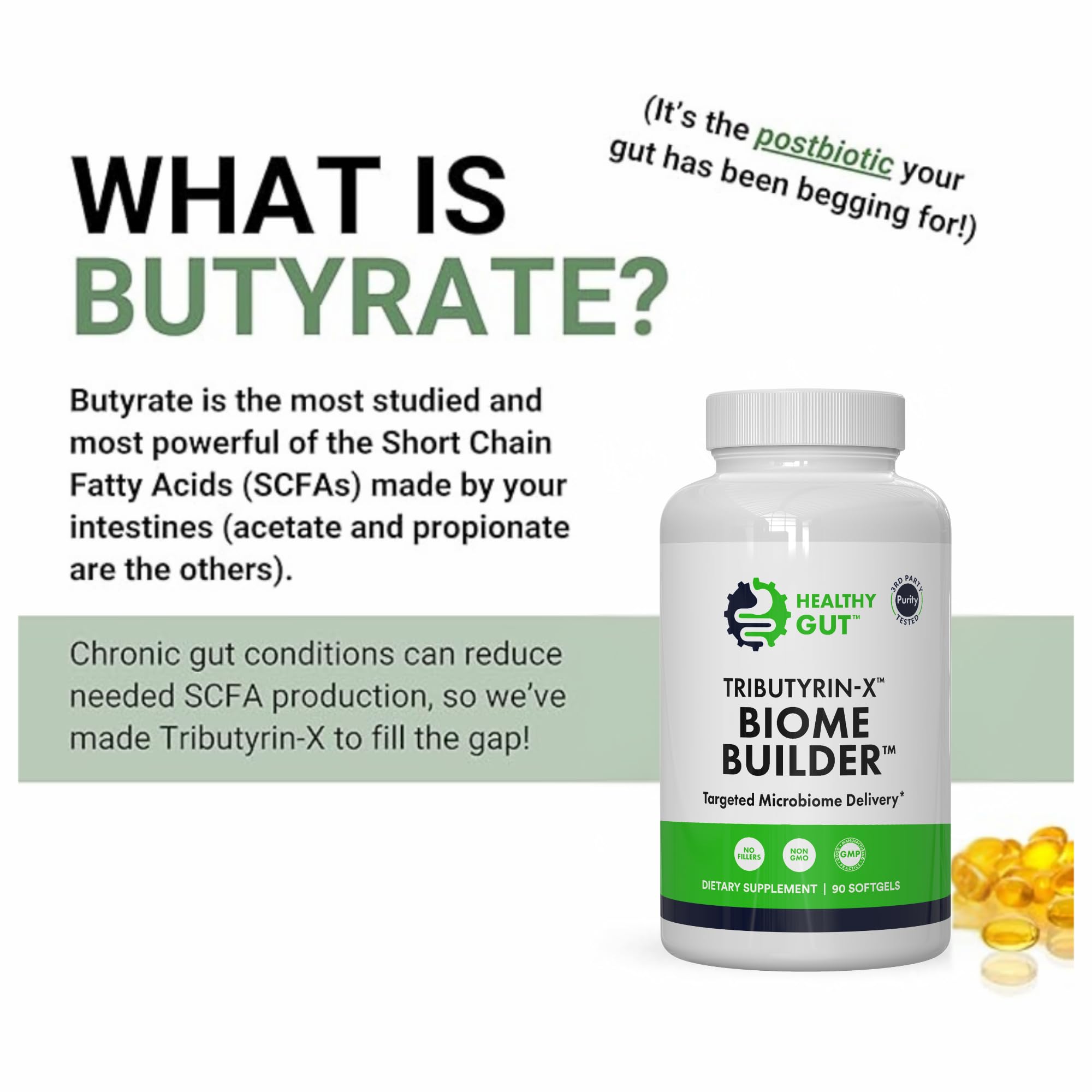 Healthy Gut Tributyrin-X packaging highlights gluten-free and non-GMO attributes