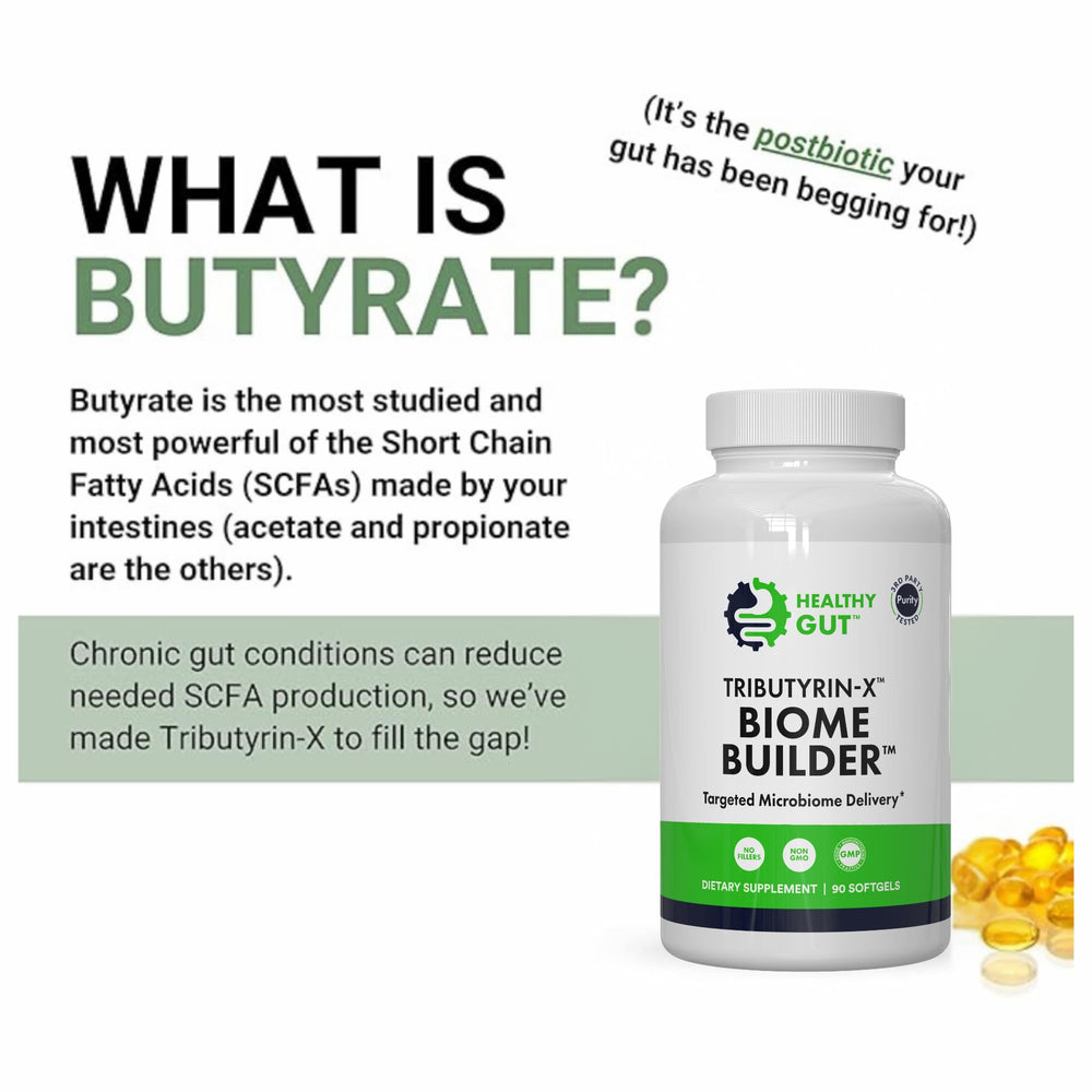 Healthy Gut Tributyrin-X packaging highlights gluten-free and non-GMO attributes