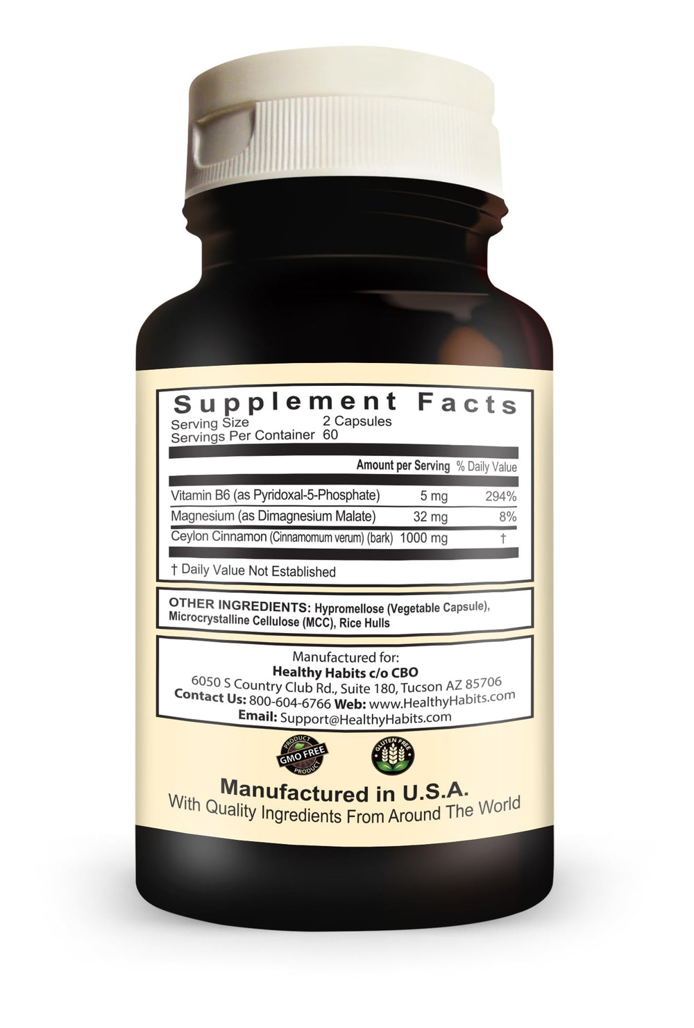 Healthy Habits StrictionBP bottle label close-up showing gluten-free and non-GMO