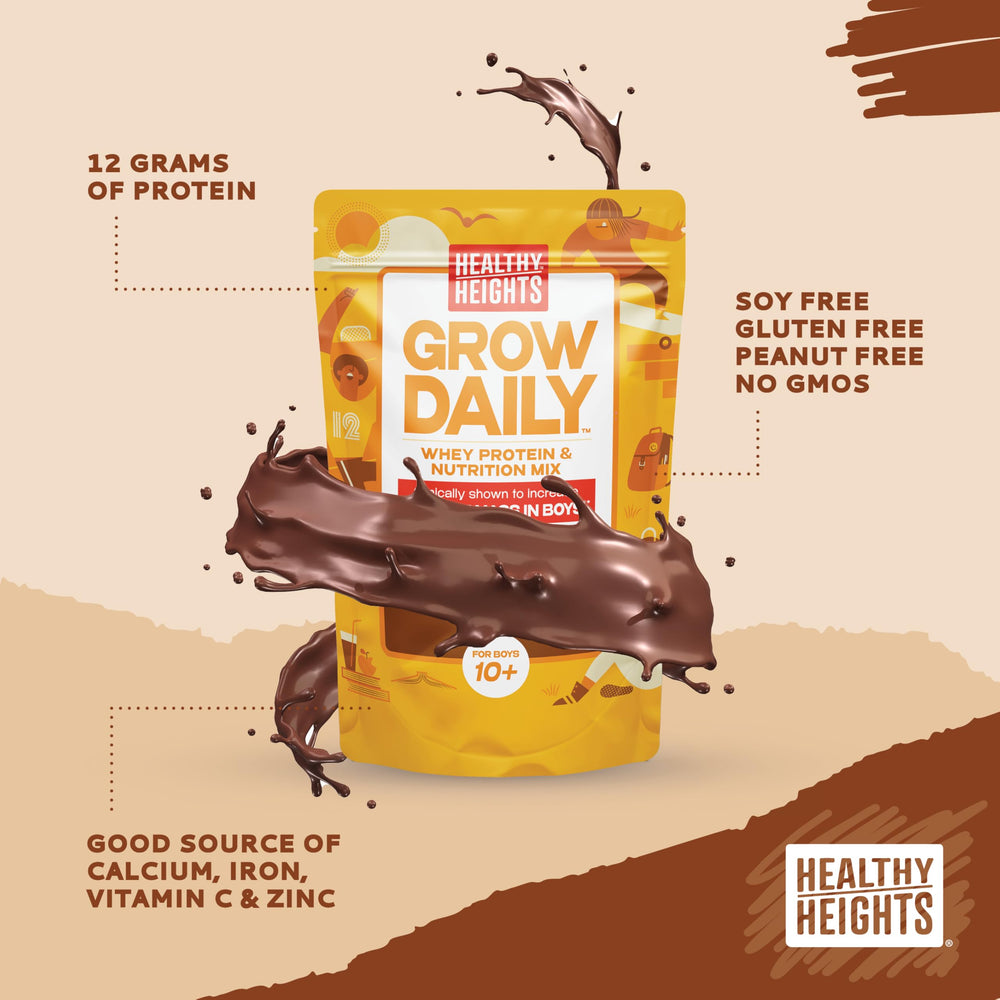 Scoop with spoon adding Healthy Heights Grow Daily Kids Protein Drink Mix chocolate for easy dissolution.
