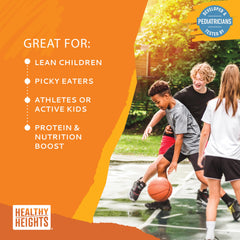 Nutrition label of Healthy Heights Grow Daily Kids Protein Drink Mix chocolate highlights protein per serving.