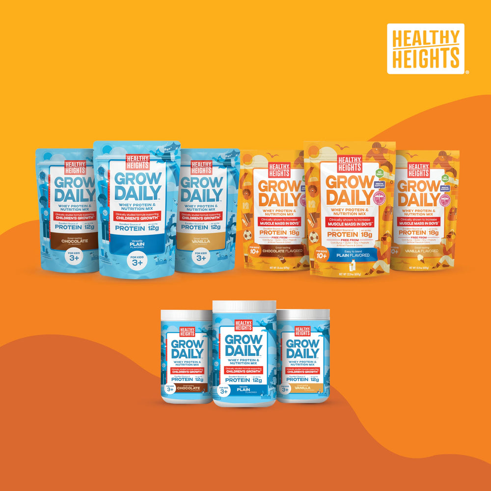 Boxed packaging of Healthy Heights Grow Daily Kids Protein Drink Mix chocolate for easy daily shakes.