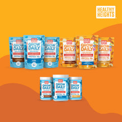 Boxed packaging of Healthy Heights Grow Daily Kids Protein Drink Mix chocolate for easy daily shakes.
