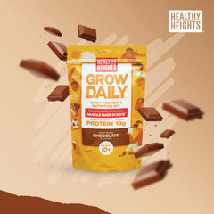 Pouring Healthy Heights Grow Daily Kids Protein Drink Mix chocolate into a glass for a tasty protein boost.