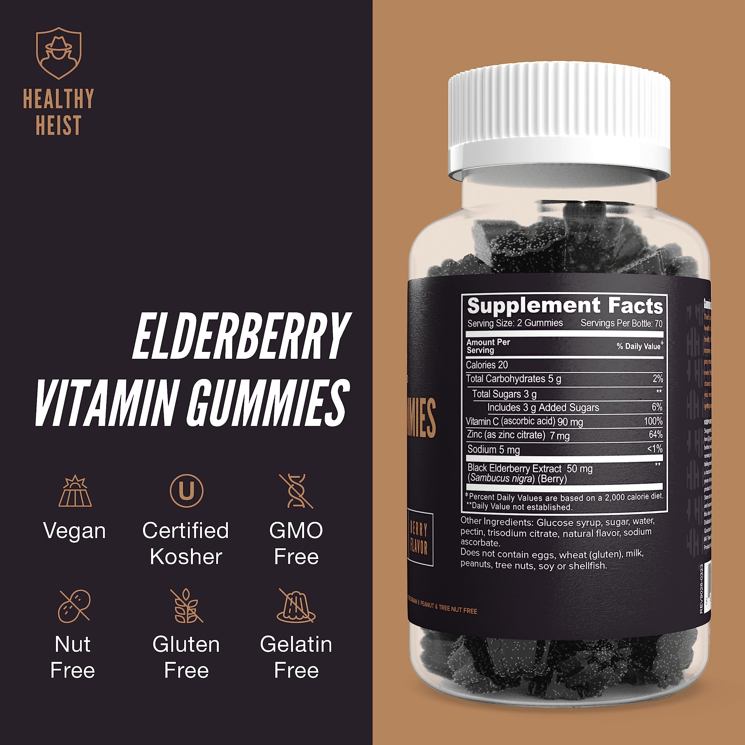 Healthy Heist Sambucus elderberry gummies with zinc and vitamin C nutrients highlight