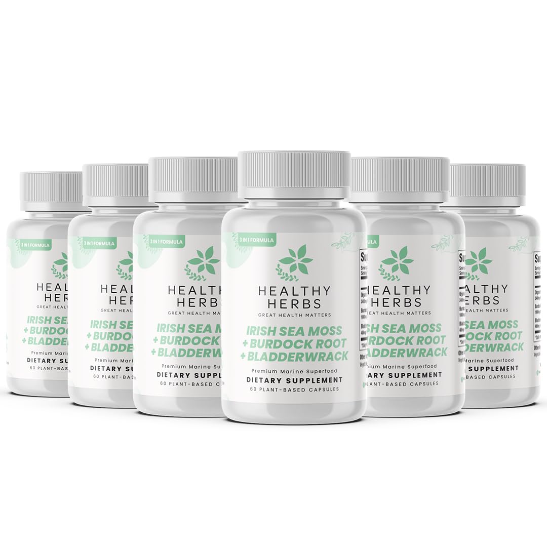 Healthy Herbs sea moss bottle front in a 6-pack for daily plant-based support