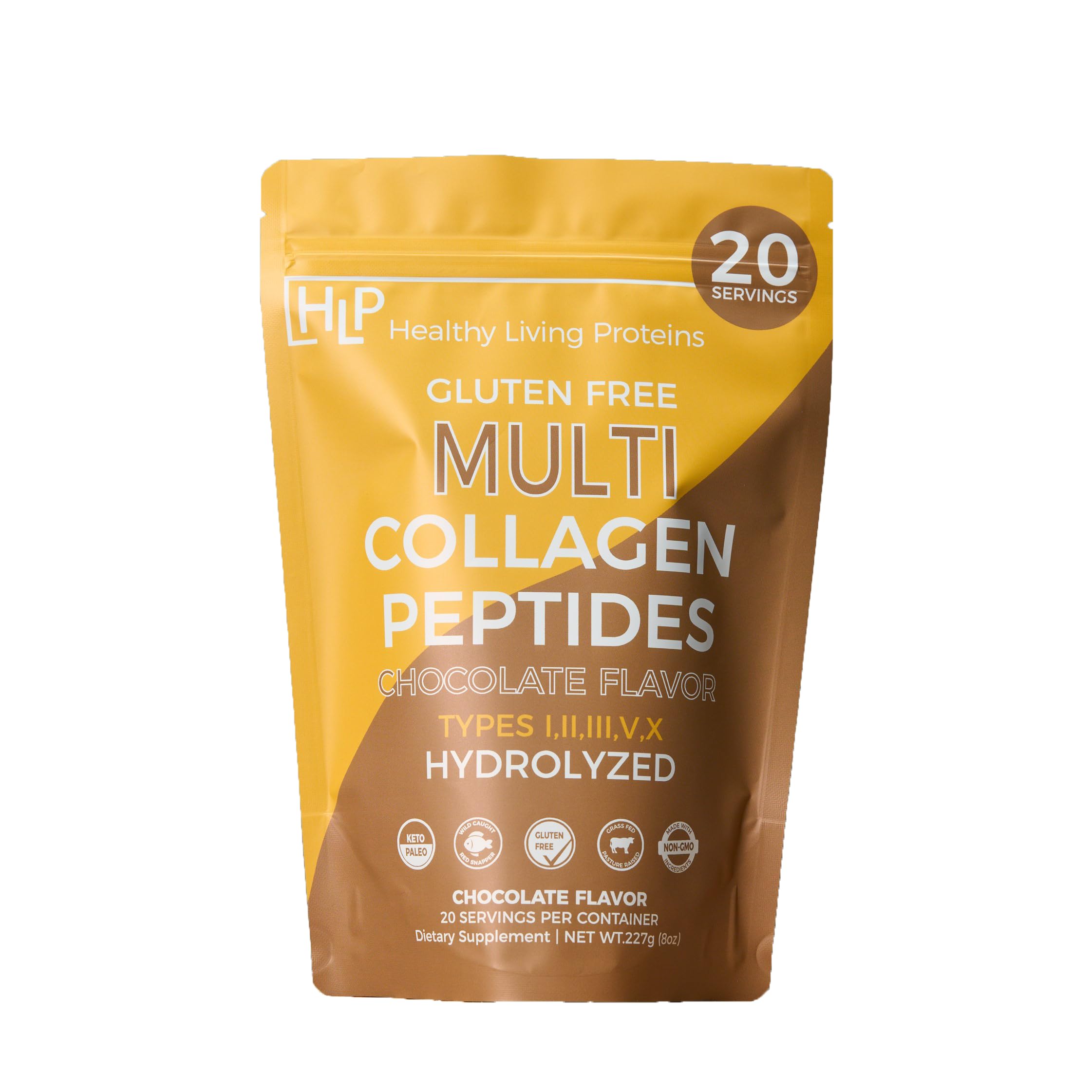 Healthy Living Proteins chocolate collagen bottle displayed with glass of beverage