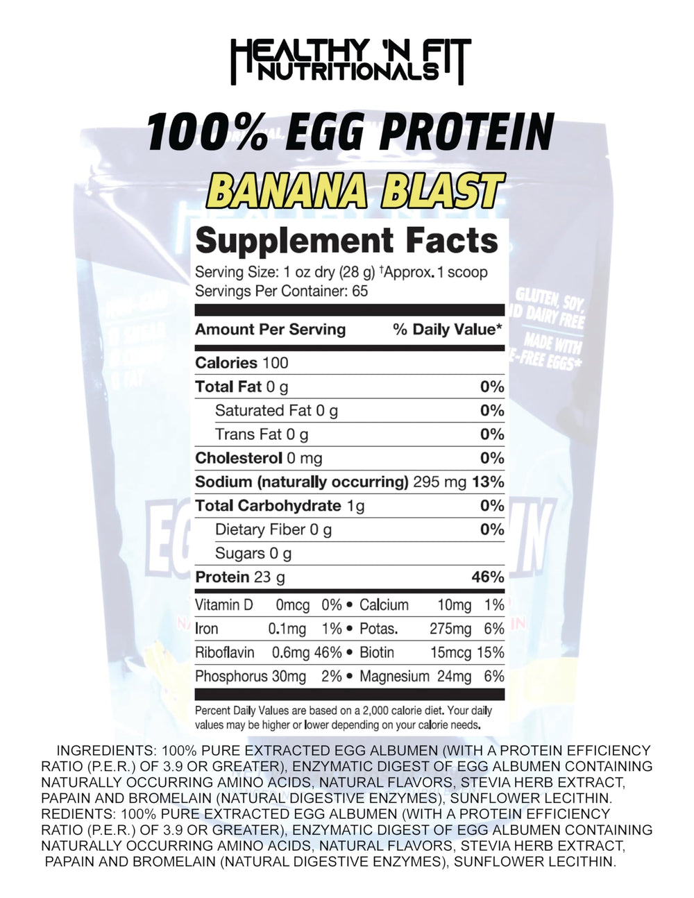 Healthy 'N Fit egg protein powder scoop close-up showing pure egg white protein