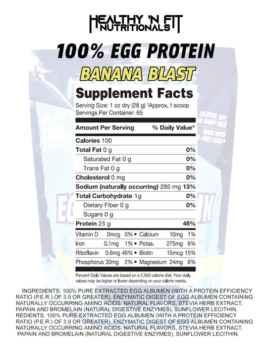 Healthy 'N Fit egg protein powder scoop close-up showing pure egg white protein