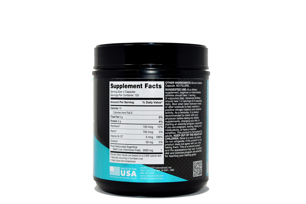 Healthy 'N Fit liver capsules bottle closeup – shows clear, pure ingredients for athletes