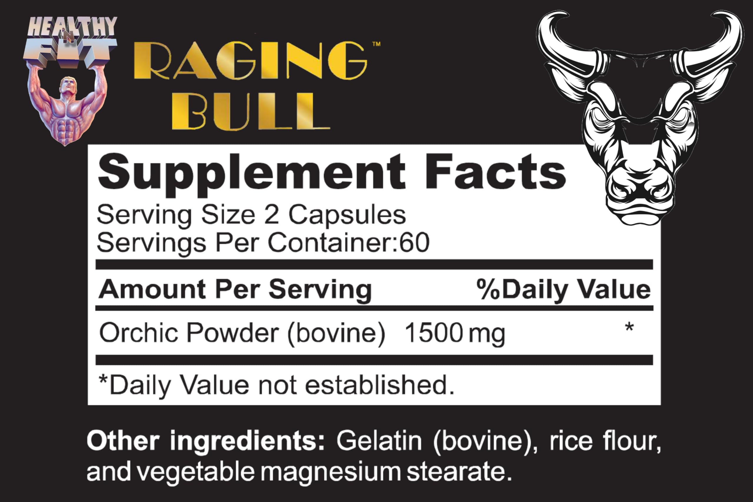 Healthy 'N Fit Raging Bull Mega Orchic capsules closeup show premium glandular formula