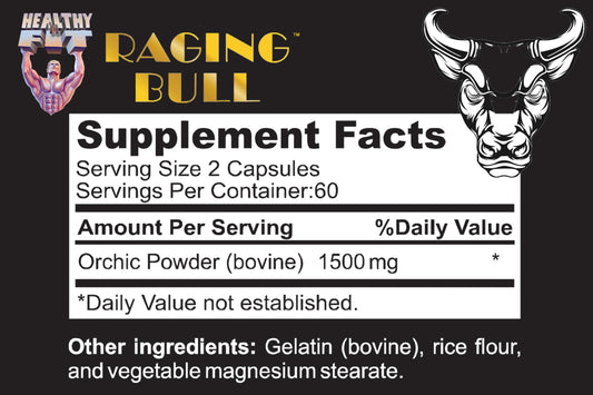 Healthy 'N Fit Raging Bull Mega Orchic capsules closeup show premium glandular formula