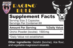 Healthy 'N Fit Raging Bull Mega Orchic capsules closeup show premium glandular formula