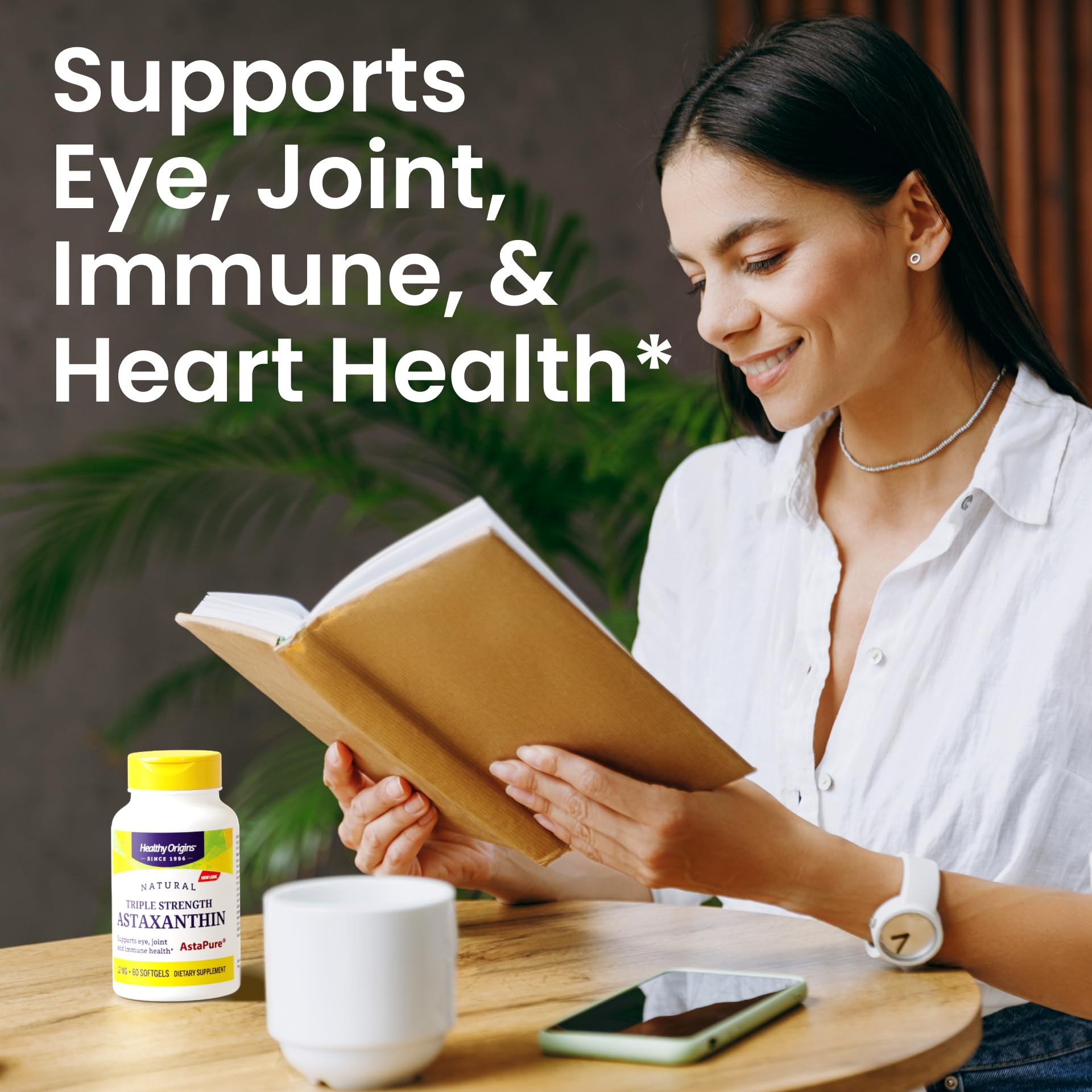 Healthy Origins Astaxanthin 12 mg non-GMO label on bottle indicating quality standards