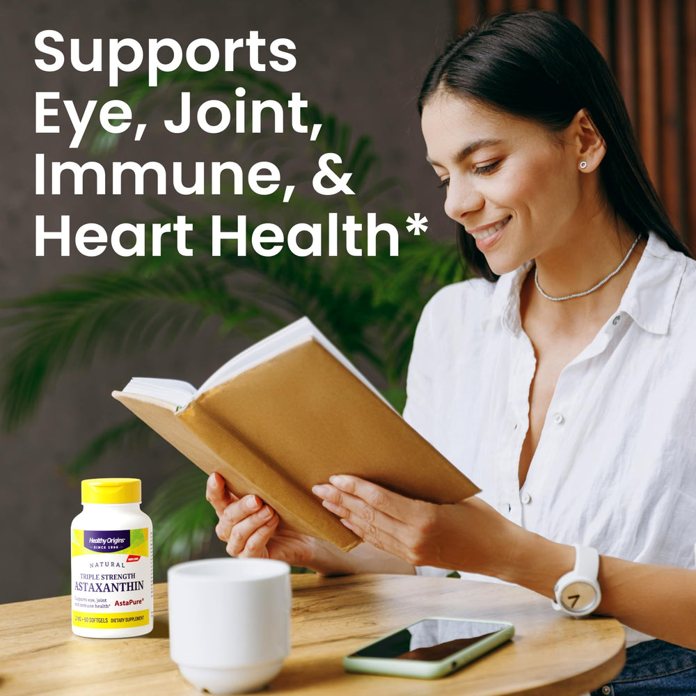 Healthy Origins Astaxanthin 12 mg non-GMO label on bottle indicating quality standards