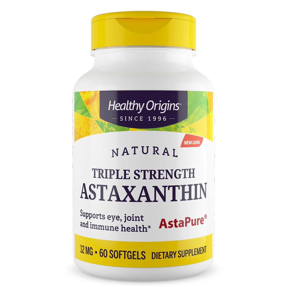 Healthy Origins Astaxanthin 12 mg softgel bottle showing triple-strength formula for immune and eye support