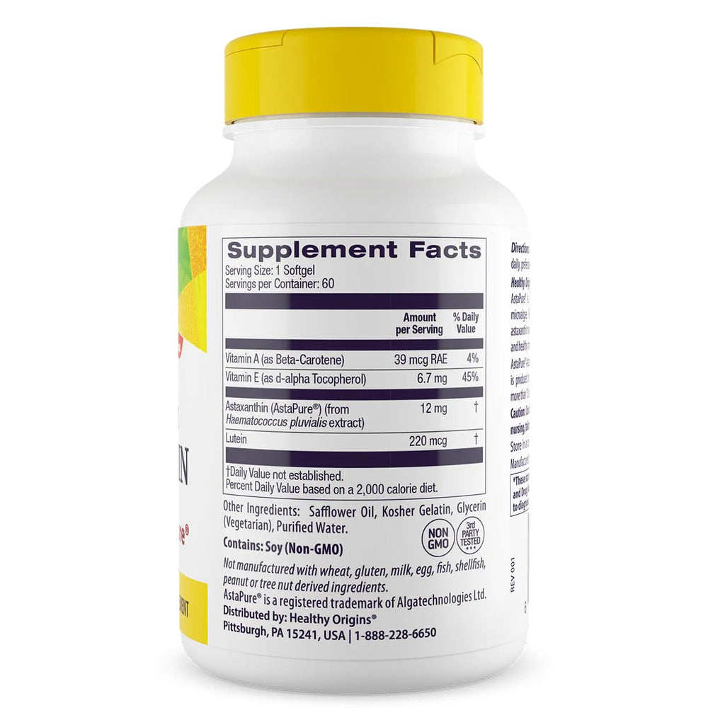 Closeup of Healthy Origins Astaxanthin 12 mg softgels for eye health and daily wellness
