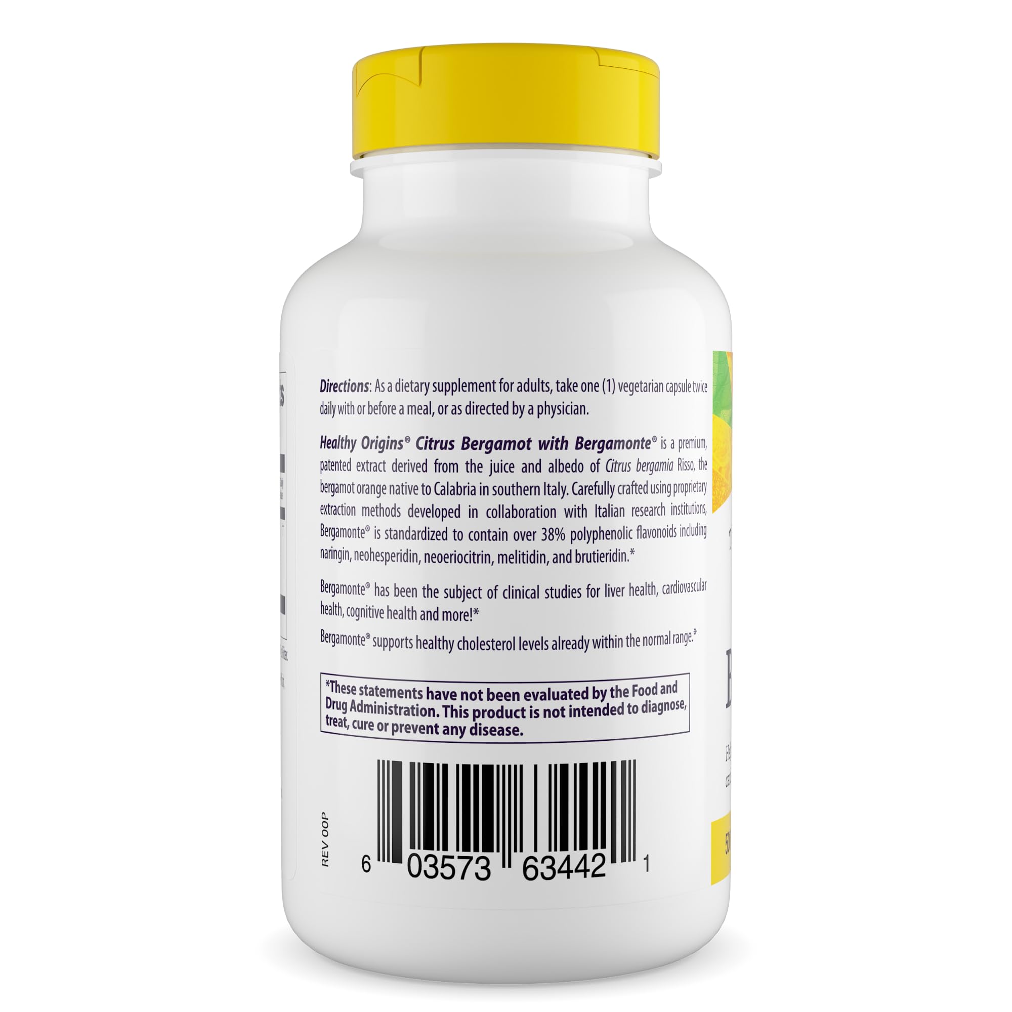 Healthy Origins Bergamonte extract bottle shows patented formulation and high polyphenol content