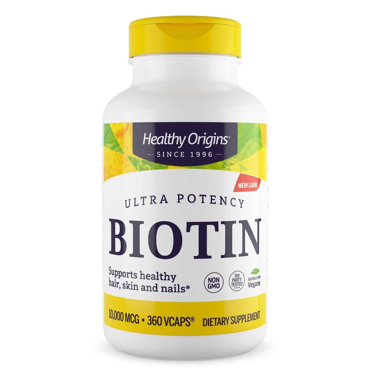 Healthy Origins Biotin 10,000 mcg bottle close-up for hair and nails support.