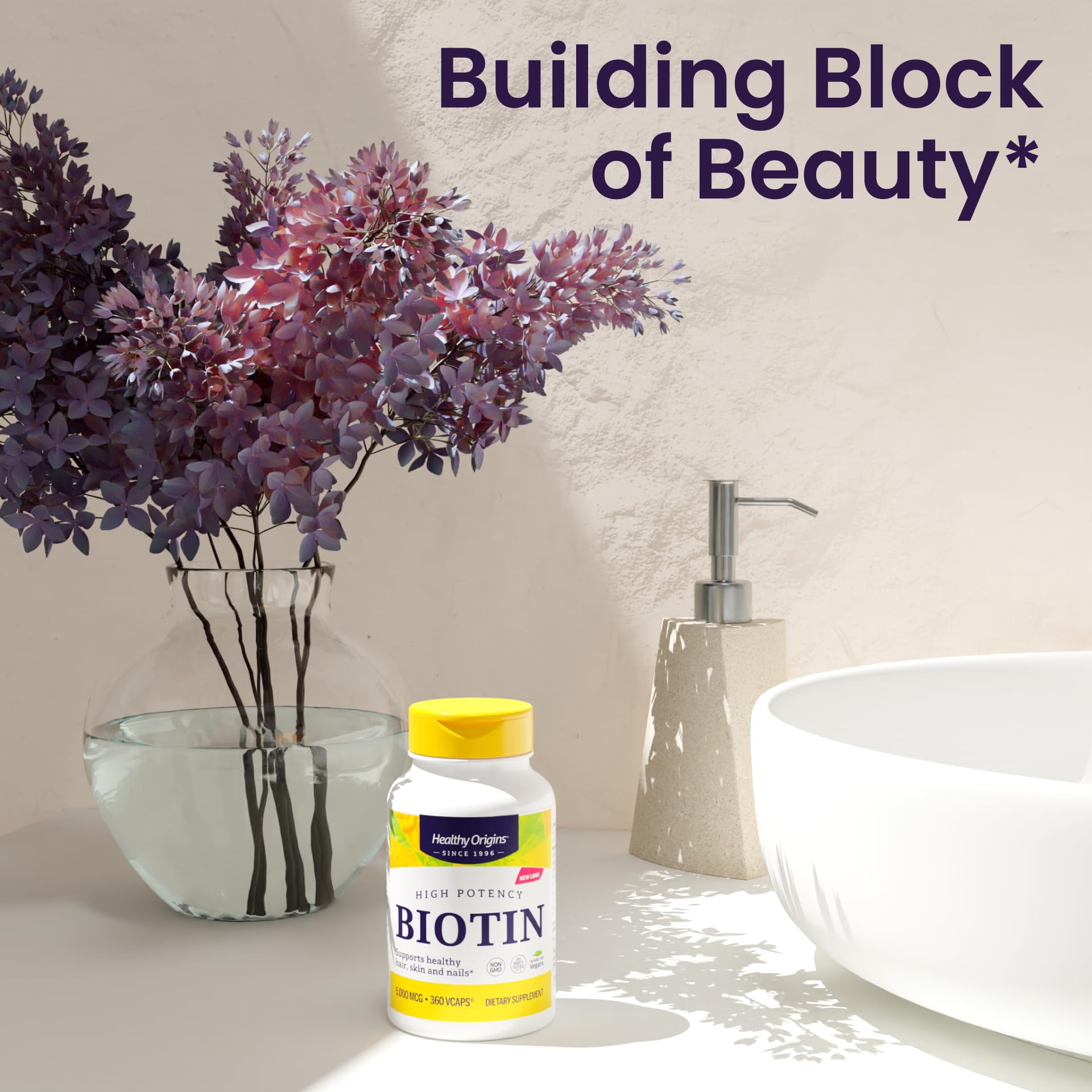 Healthy Origins Biotin 10,000 mcg label on bottle shows USP grade quality.