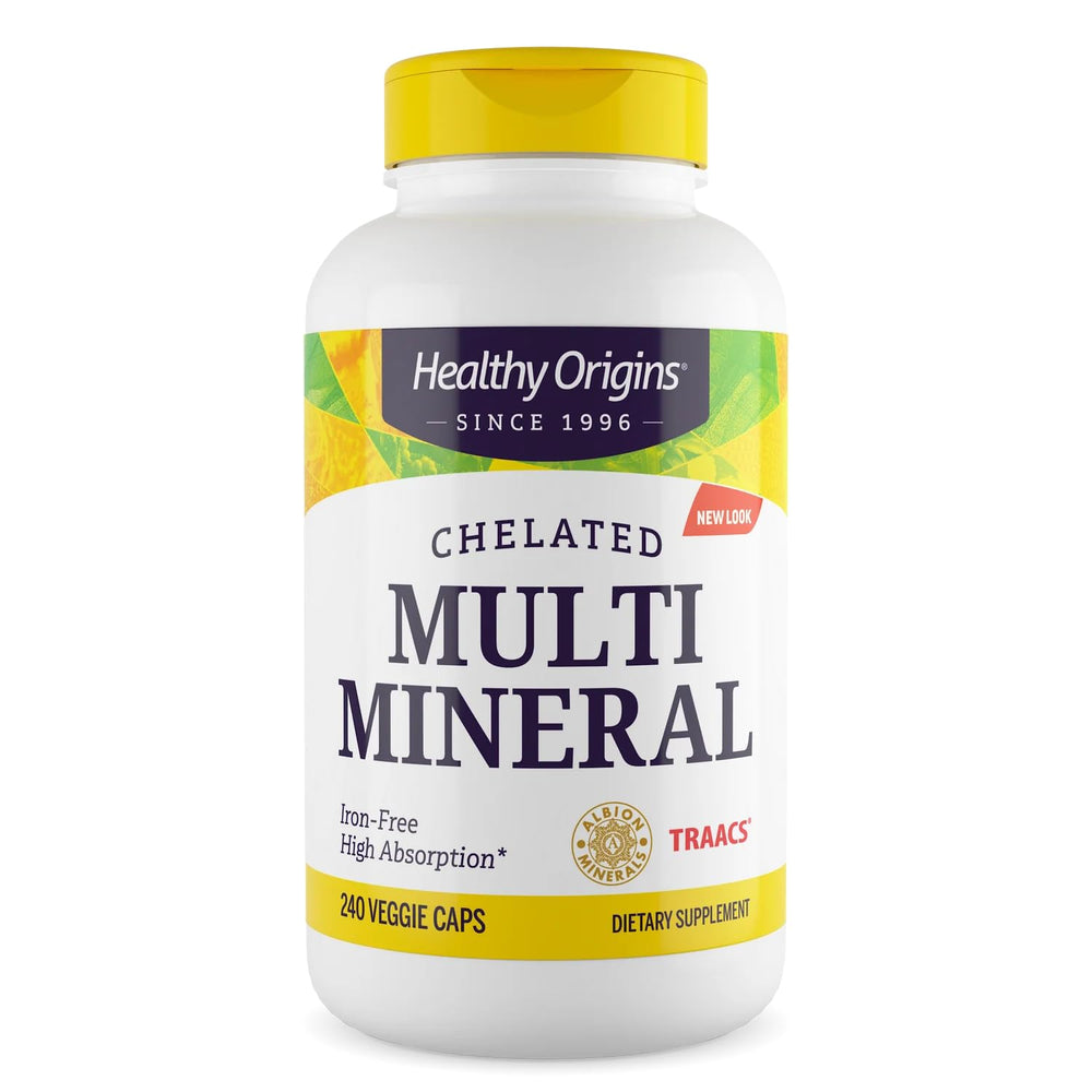 Healthy Origins Chelated Multi Mineral bottle front with Albion minerals branding