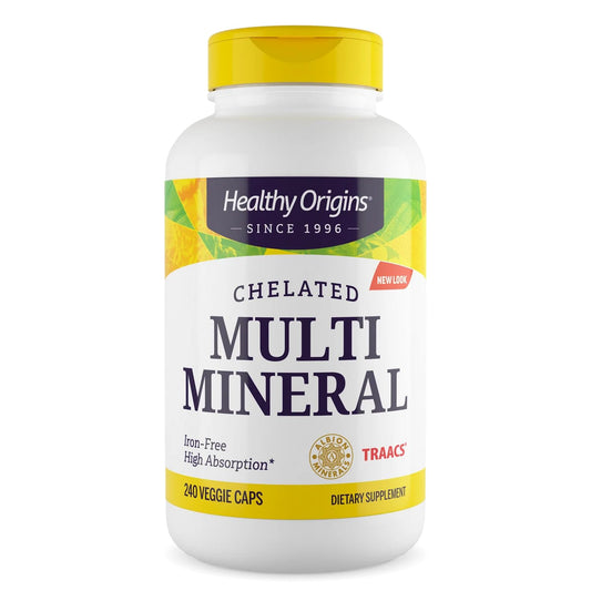Healthy Origins Chelated Multi Mineral bottle front with Albion minerals branding