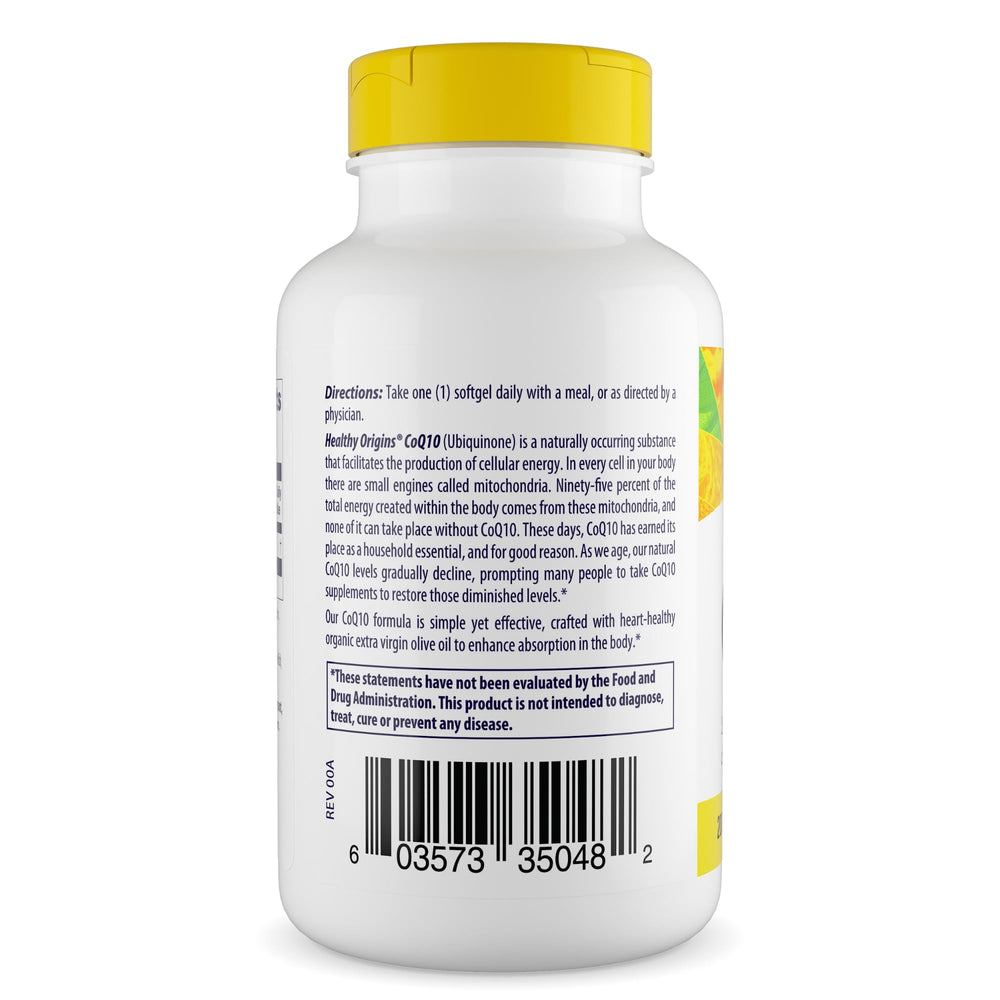 Healthy Origins CoQ10 capsules close-up showing easy daily supplementation for energy.