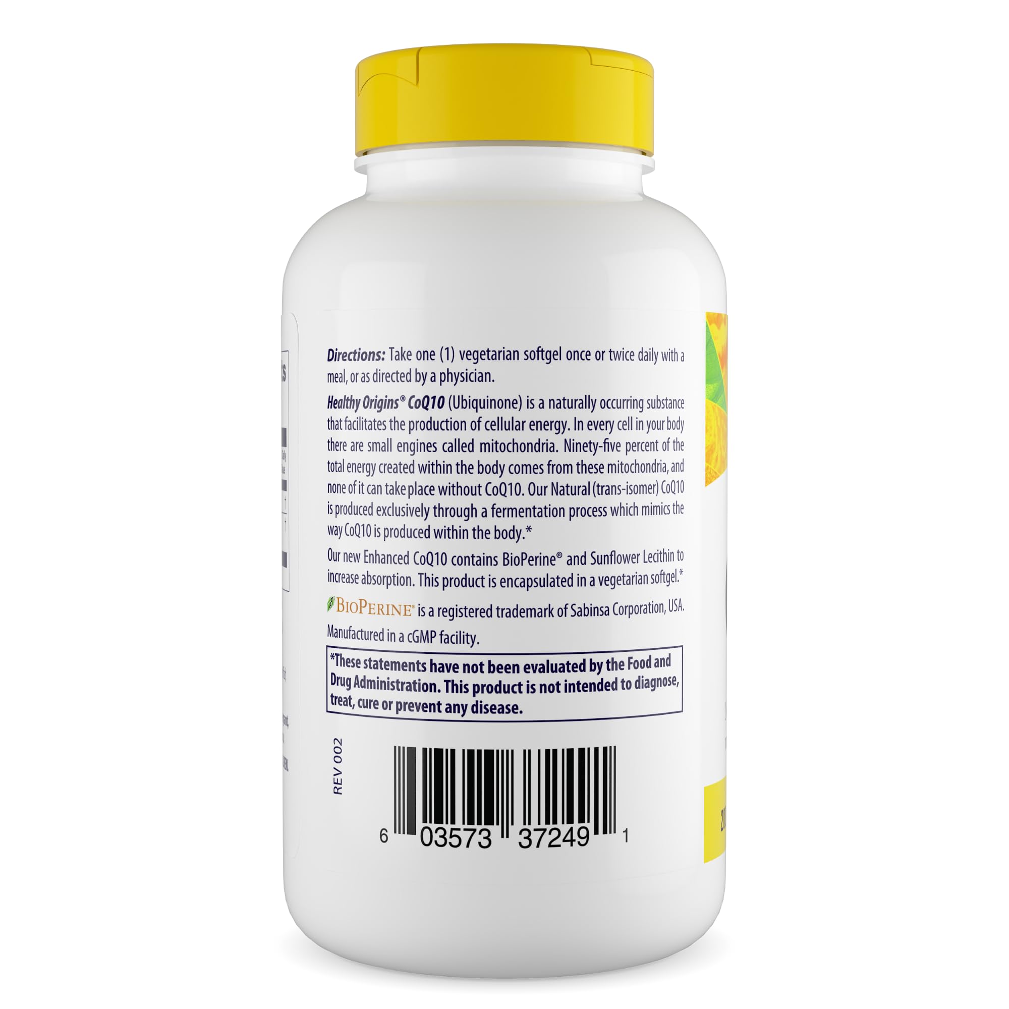 Healthy Origins CoQ10 bottle back-label reveals gluten-free non-GMO ingredients.
