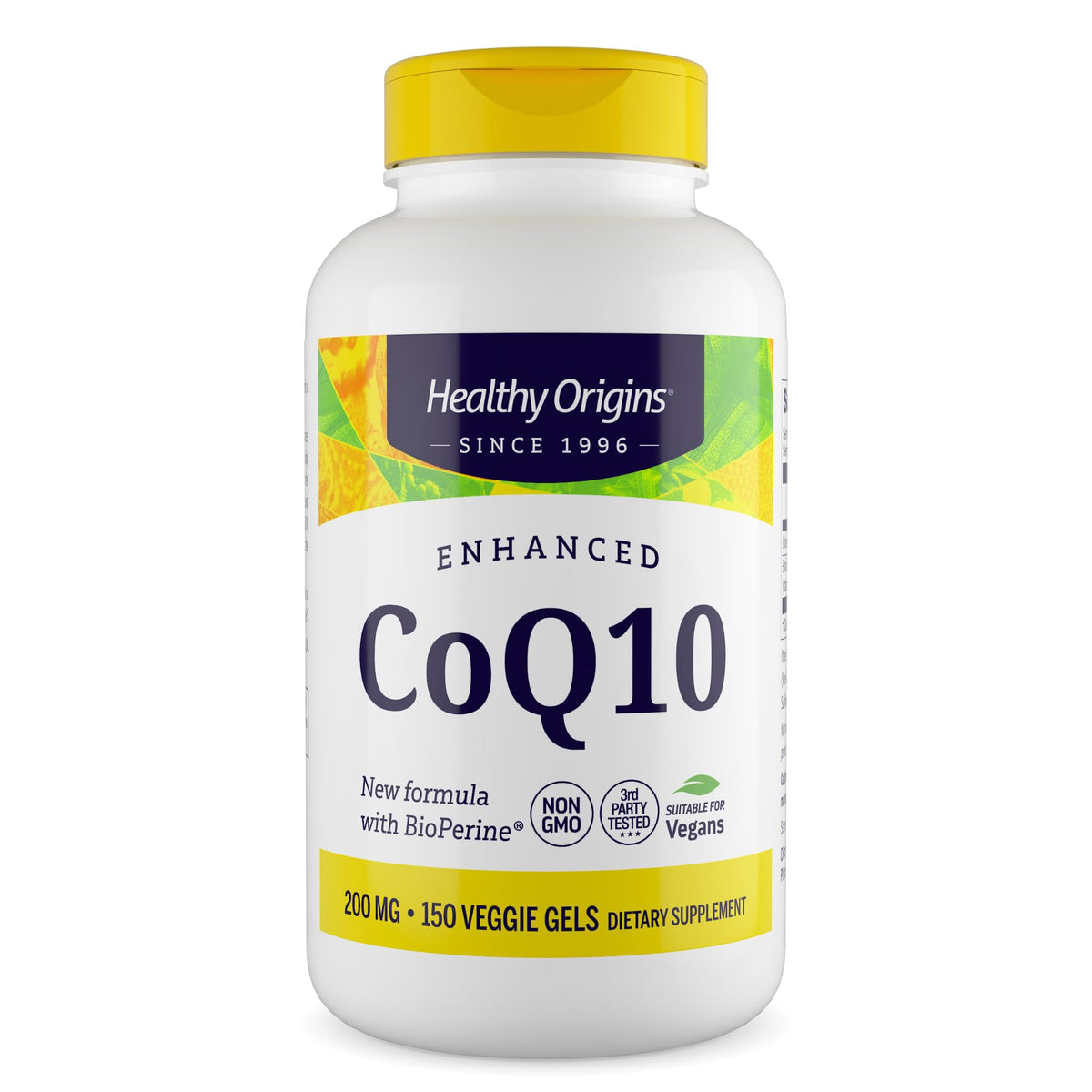 Healthy Origins CoQ10 bottle front; supports cellular energy for daily activity.