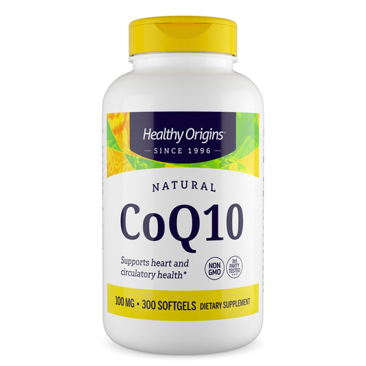 Healthy Origins CoQ10 bottle front view signaling heart support potential.
