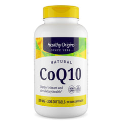 Healthy Origins CoQ10 bottle front view signaling heart support potential.
