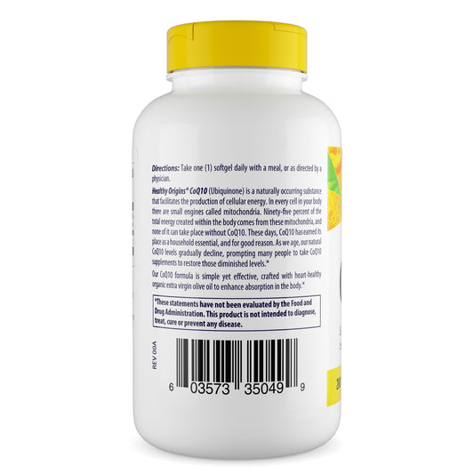 Healthy Origins CoQ10 bottle label showing yeast fermentation and non-GMO quality