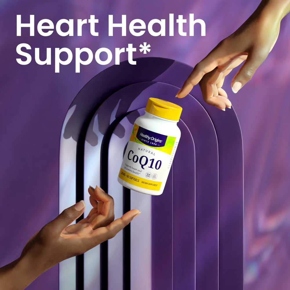 Healthy Origins CoQ10 label closeup highlights yeast-fermented, non-GMO formulation.