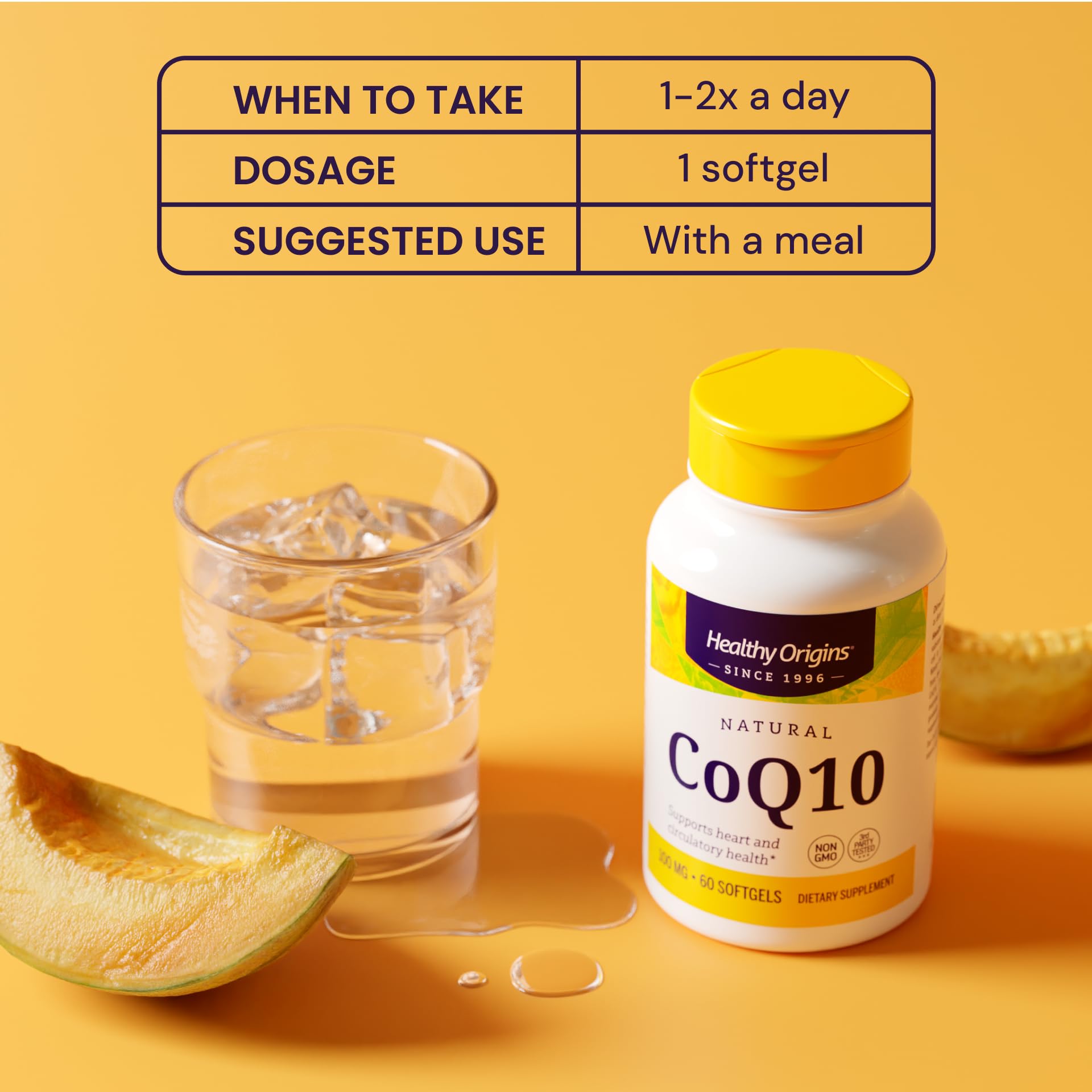 Healthy Origins CoQ10 softgel in oil shows fat-soluble delivery for absorption.