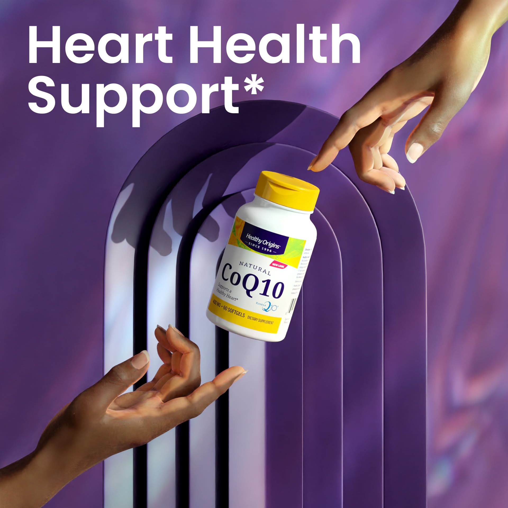 Healthy Origins CoQ10 softgels closeup demonstrating easy-to-swallow capsules for energy