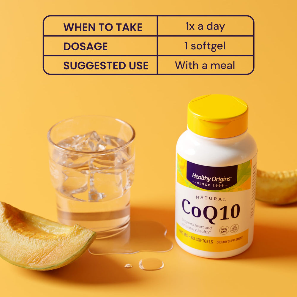 Healthy Origins CoQ10 softgel row for daily supplementation routine