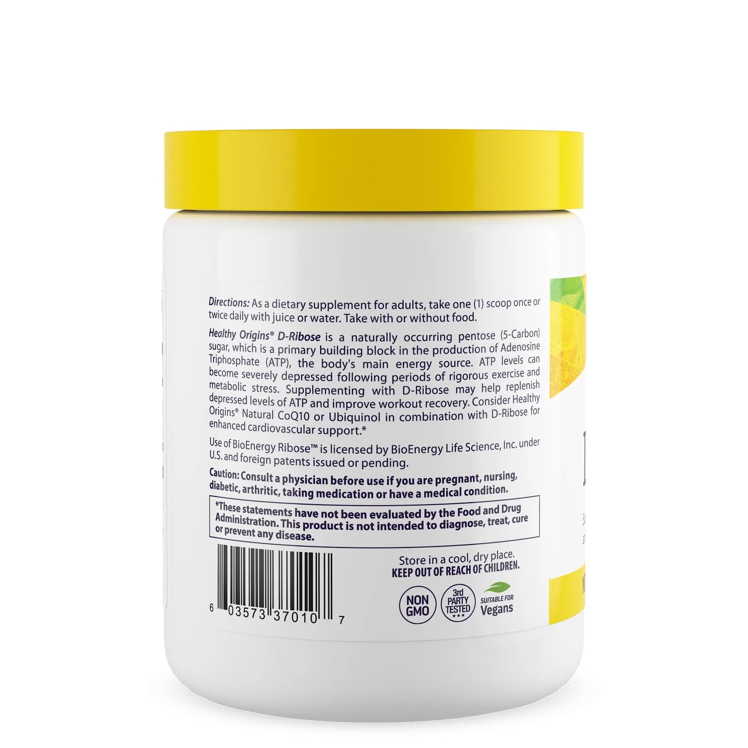 Healthy Origins D-Ribose Powder bottle label emphasizes gluten-free ingredients for dietary flexibility
