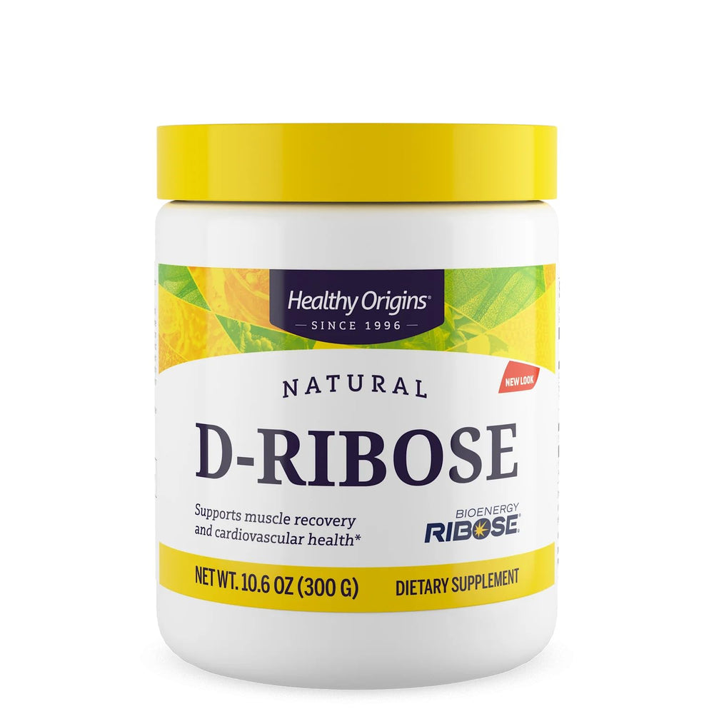Healthy Origins D-Ribose Powder tub close-up highlighting easy-to-mix formula