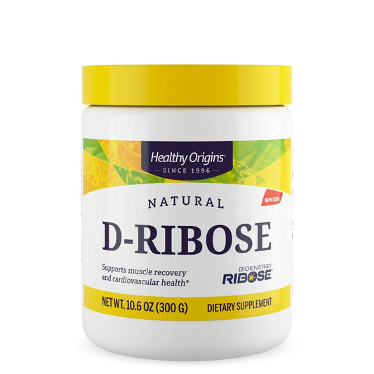 Healthy Origins D-Ribose Powder tub close-up highlighting easy-to-mix formula
