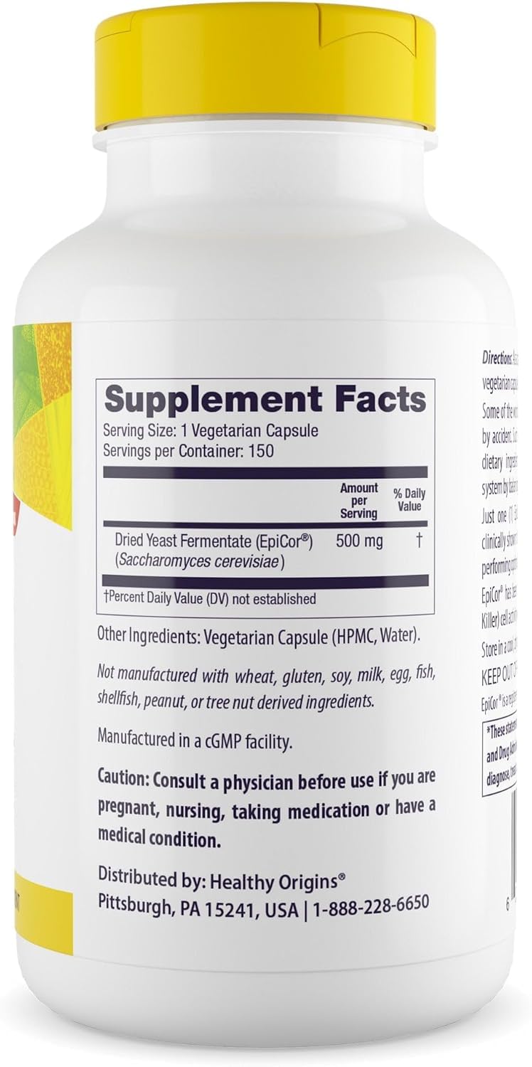 Healthy Origins EpiCor capsules close-up highlights veggie capsules for gluten-free use